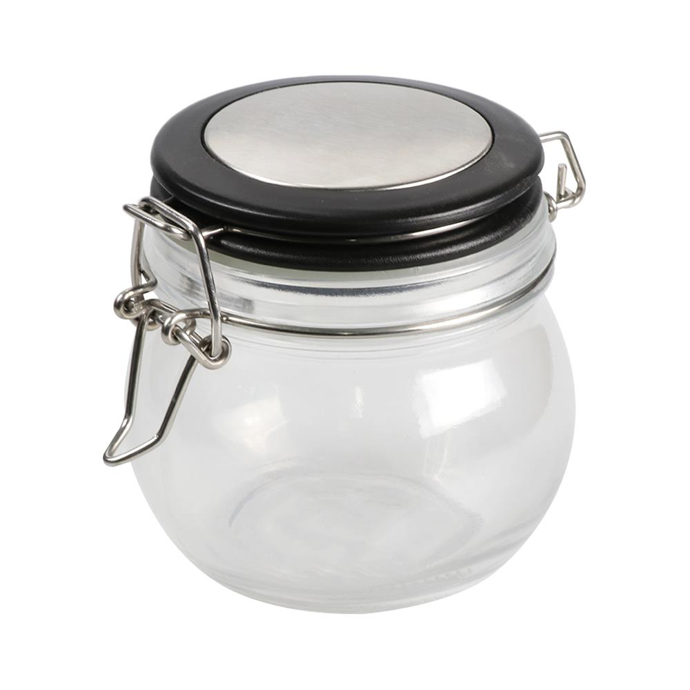 ROUND GLASS CANISTER WITH SPRING LID S BLACK