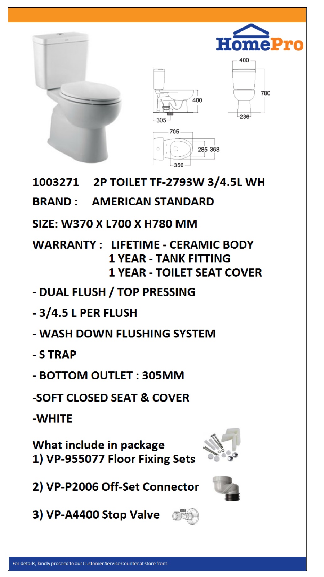 AMERICAN STANDARD 2P TOILET BOWL TF-2793W W37XD70XH78 CM 3/4.5L WHITE