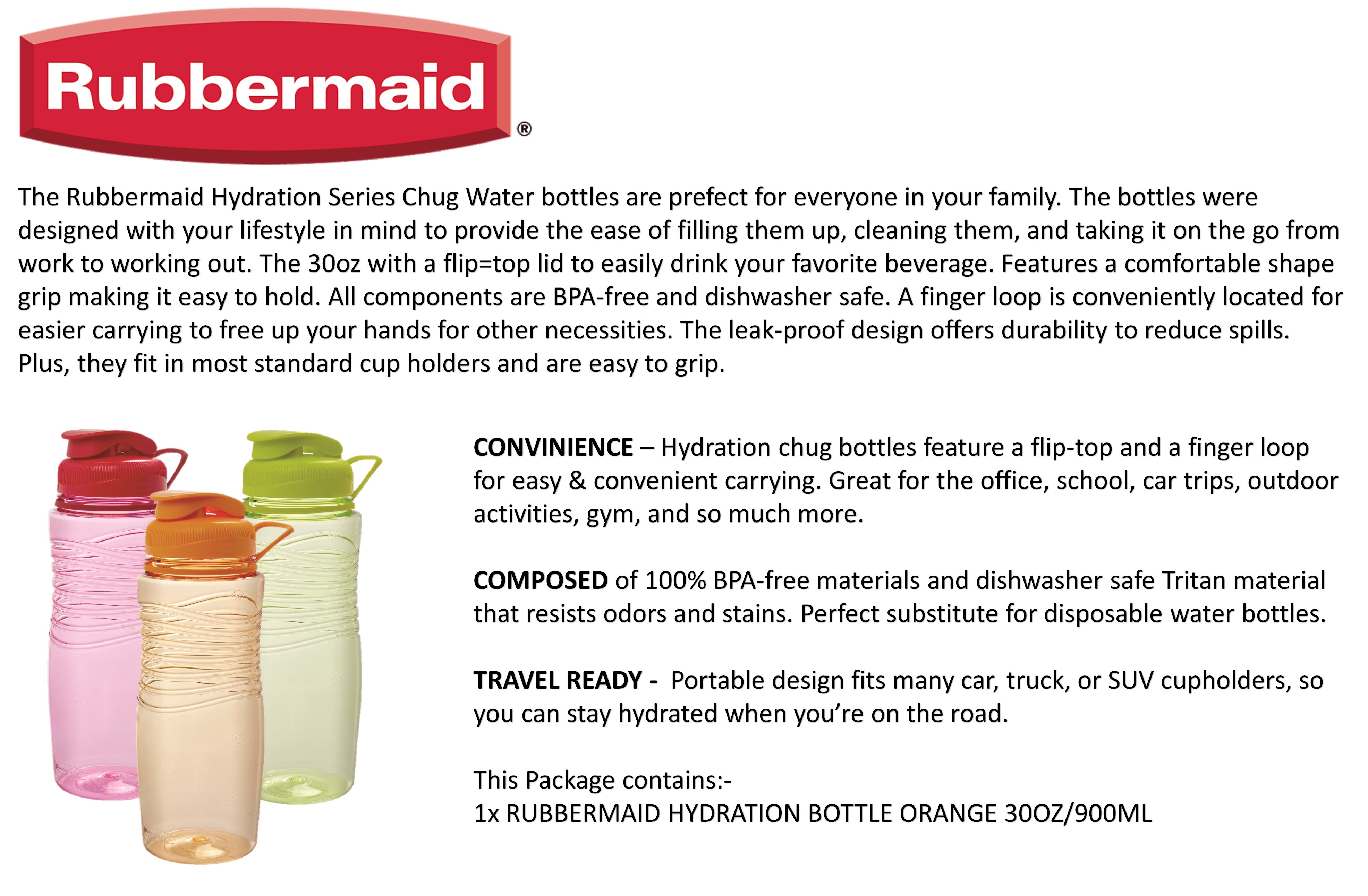 RUBBERMAID DRINKING BOTTLE HYDRATION 30OZ/900ML PINK