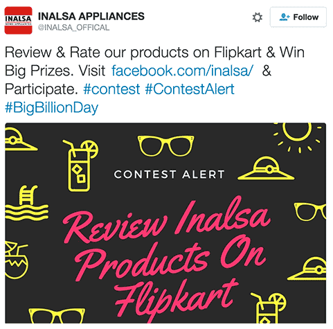 INALSA Appliances Twitter Contest 28th September 2016 - Rate & Review INALSA products on Flipkart & Win #BigBillionDay