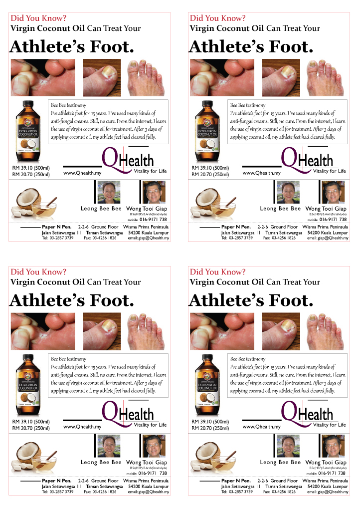 4 Up A6 Marketing Flyer Design to Boost New Customer Acquisition Using Virgin Coconut Oil To Treat Athlete Foot. Image size:720x1018px 4 Up A6 Marketing Flyer Design to Boost New Customer Acquisition Using Virgin Coconut Oil To Treat Athlete Foot. Image size:720x1018px