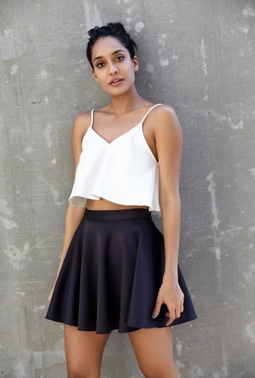 Looking for this white ruffled cami crop top with black skater skirt that Lisa Haydon is wearing - SeenIt