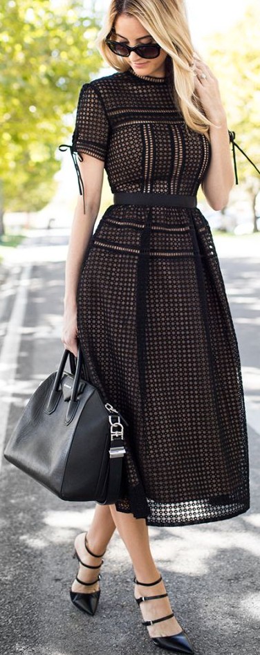 Want this black lace midi dress ,black handbag, sunglasses and black heels - SeenIt