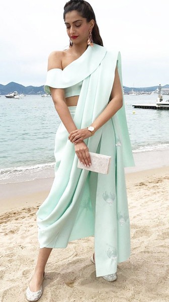 Yay or Nay? Sonam Kapoor spotted wearing a pastel dhoti outfit by Masaba Gupta on day 6 at the Cannes Film Fesival this year - SeenIt