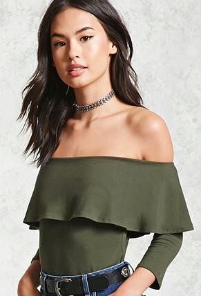 Looking for a similar ruffled off shoulder olive green bodysuit - SeenIt