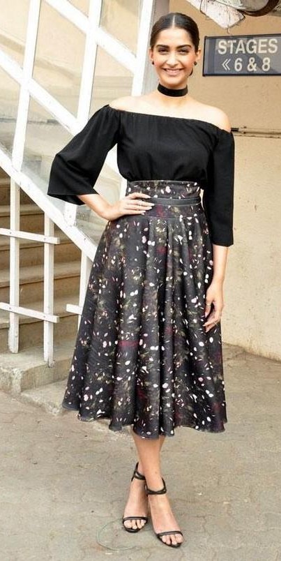 Looking for a similar black off shoulder top and midi printed skirt as seen on Sonam Kapoor - SeenIt