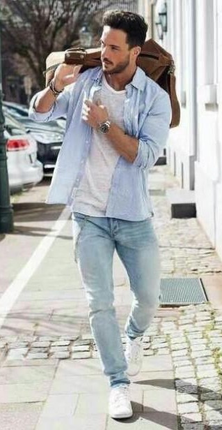 white shirt blue jeans and white shoes