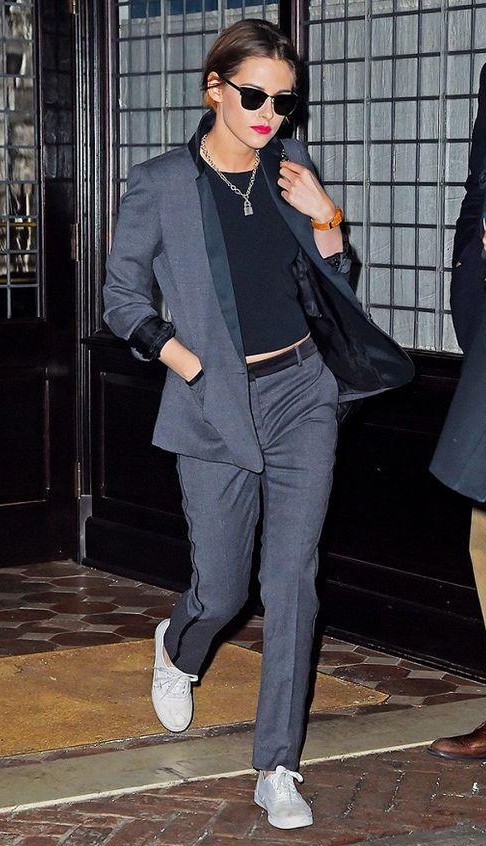 grey suit white sneakers