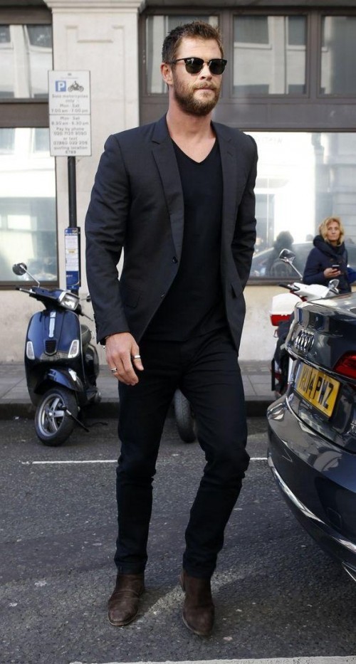 black tee and black jeans