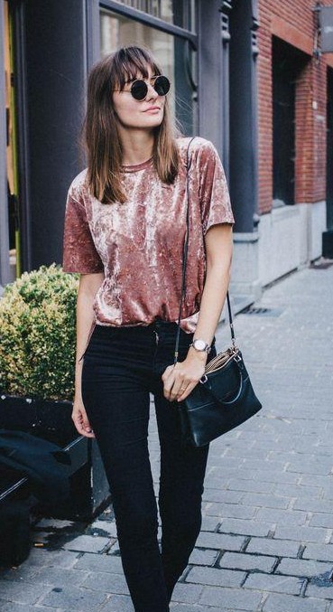 pink top with black jeans