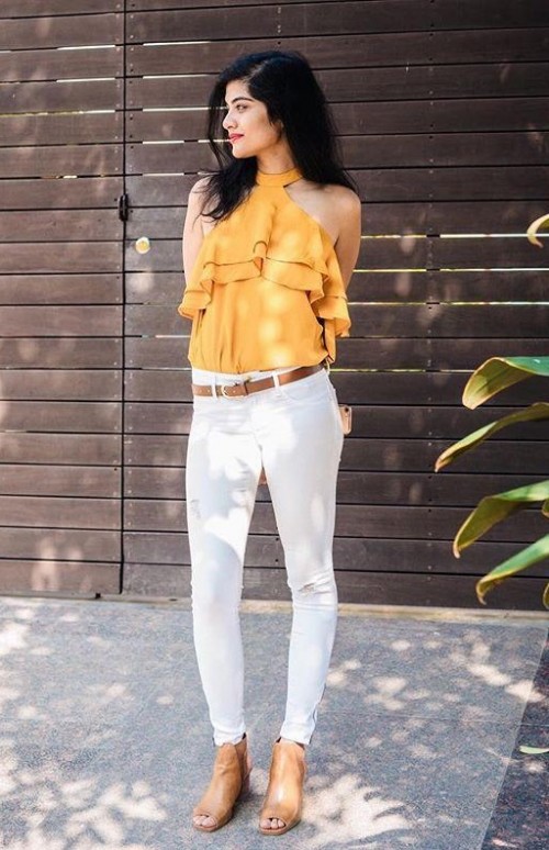 Yellow Top And White Jeans Sale Online 