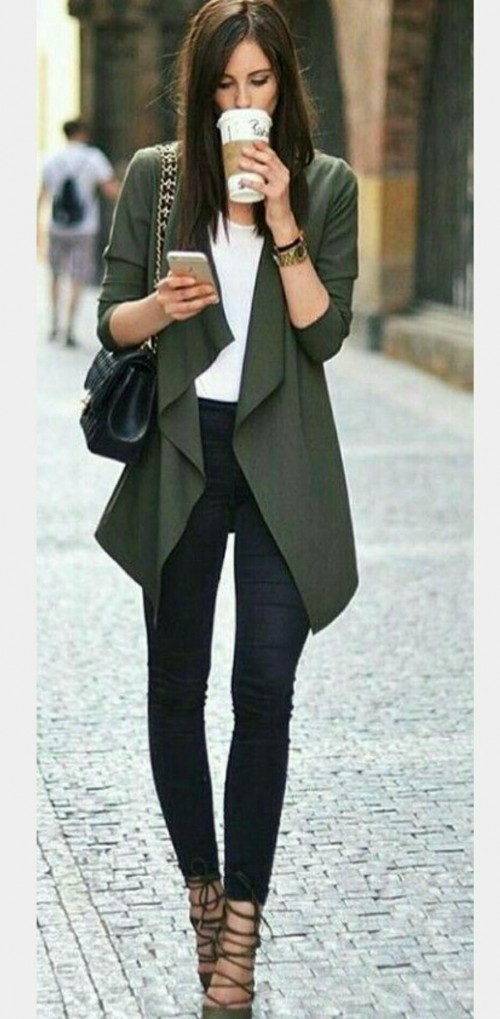 green jacket and jeans outfit