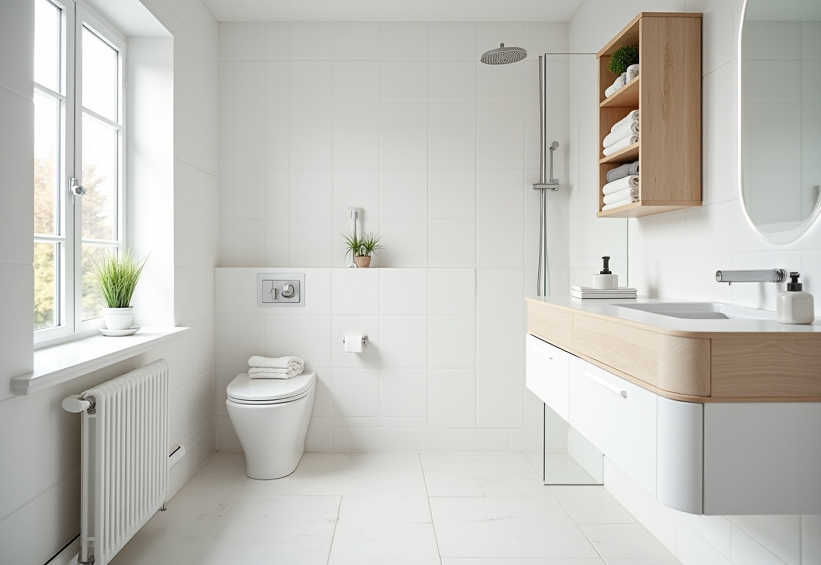Clean white and wood bathroom design like Scandinavian homes