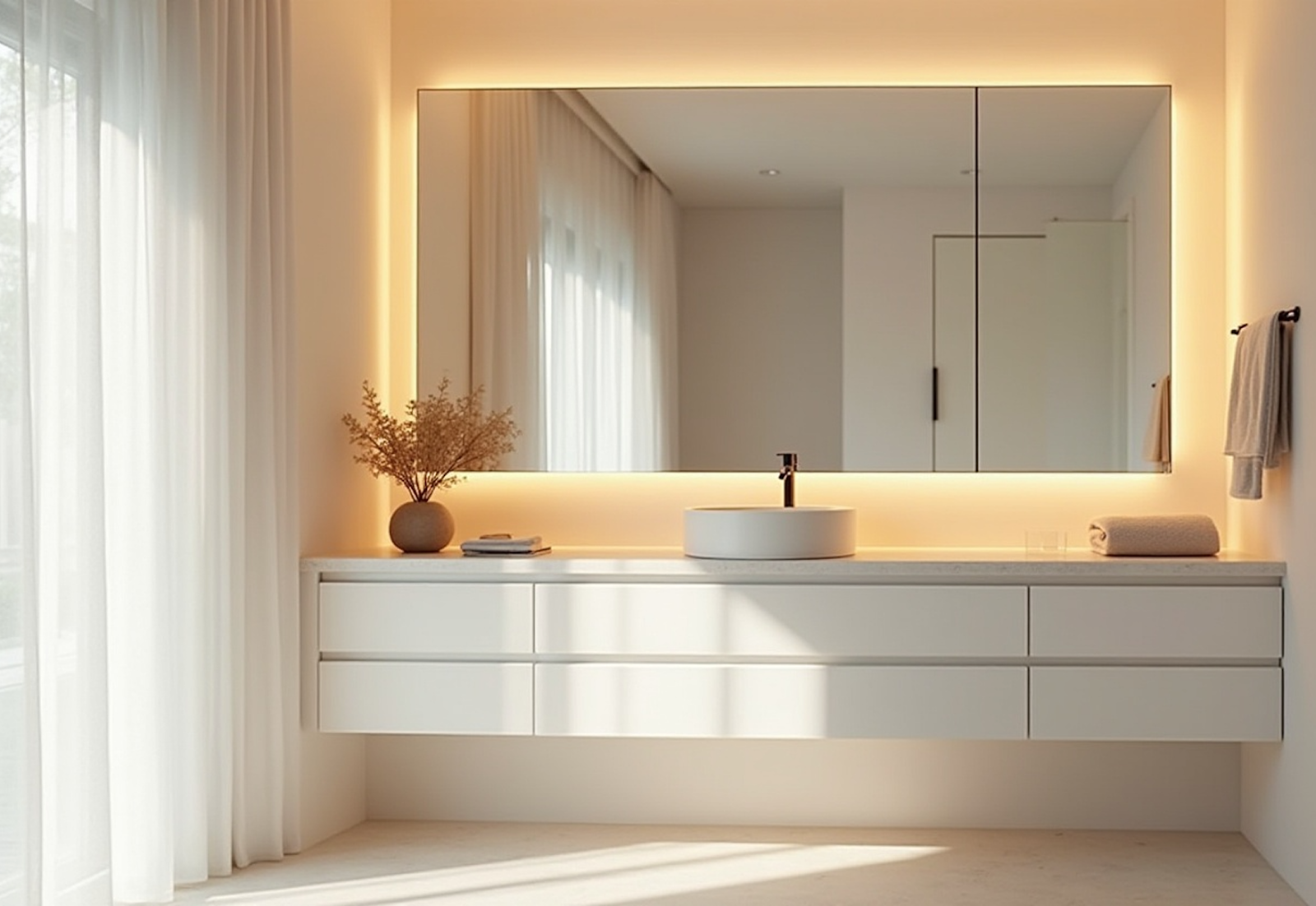 Big mirror in the bathroom makes the bathroom feel larger.