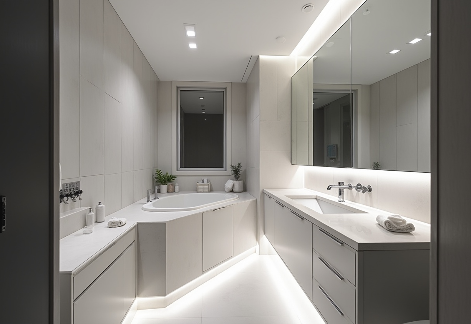 Bright bathroom with layered LED lighting in a Singapore apartment