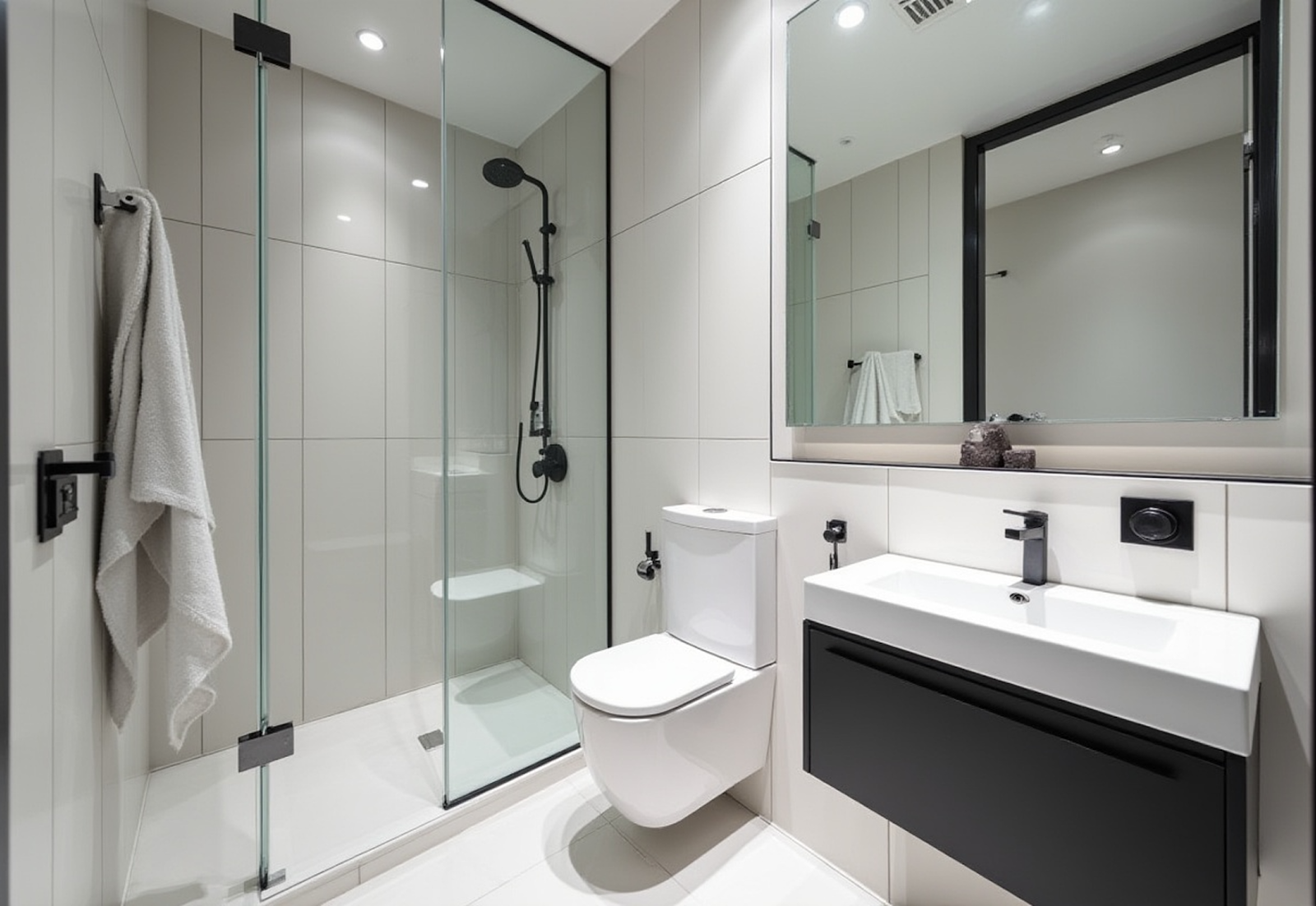 Urban bathroom design with glass shower, black and white vanity