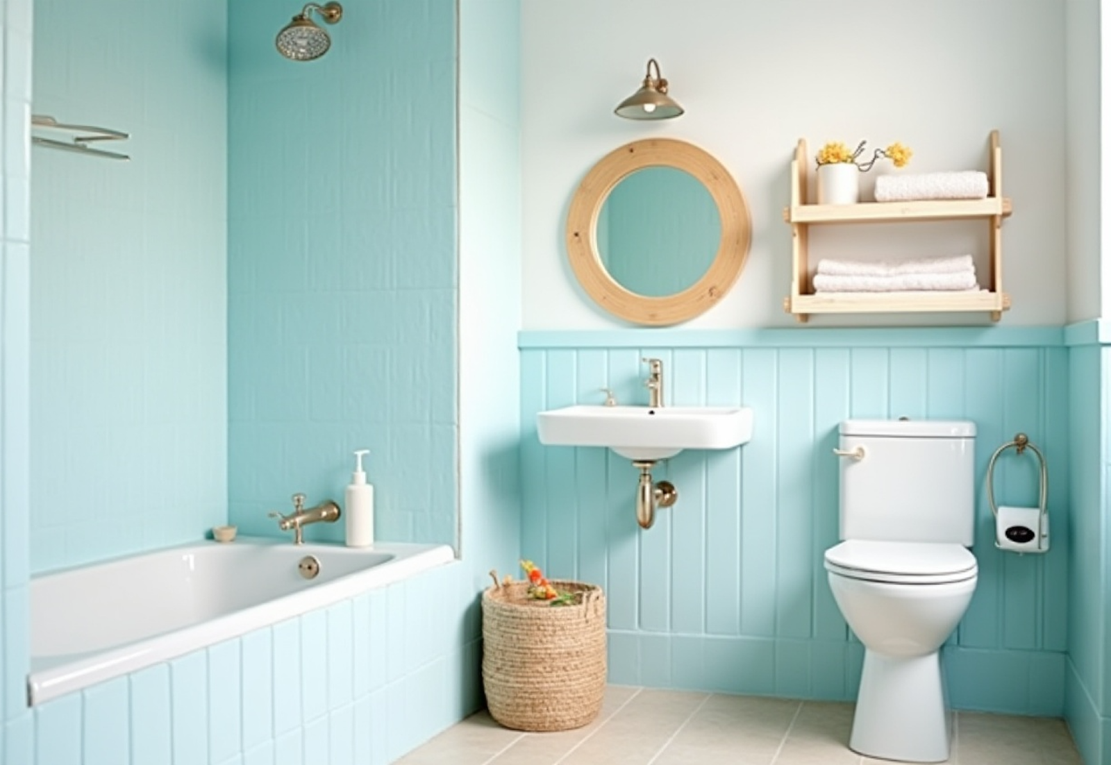 Soft blue and white bathroom design like a coastal town