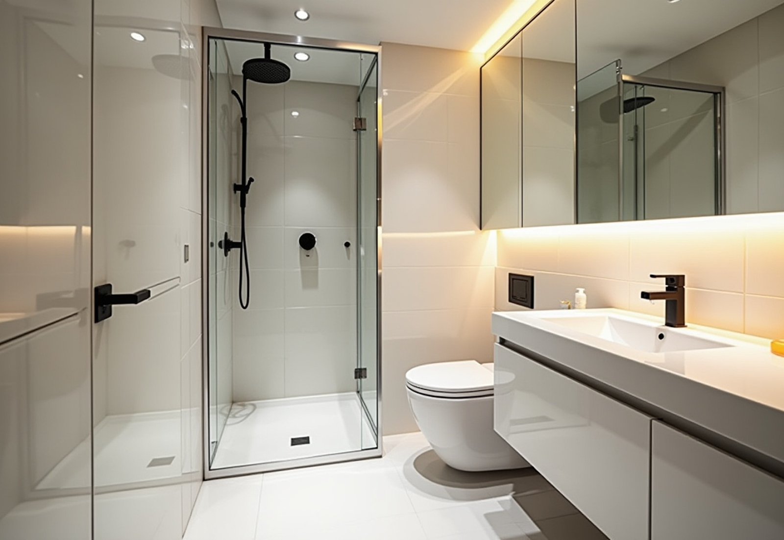 Glossy white tiled bathroom with black and chrome fixtures in a Singapore apartment