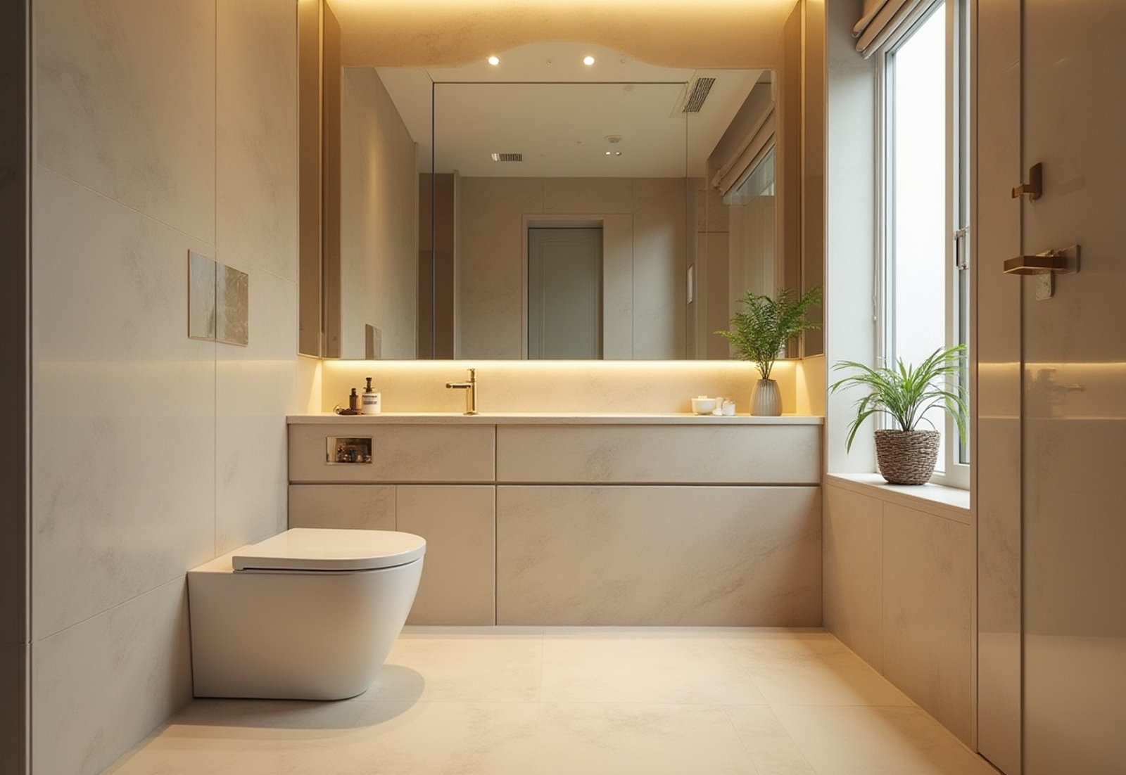 Neutral calm bathroom design with modern Japanese style