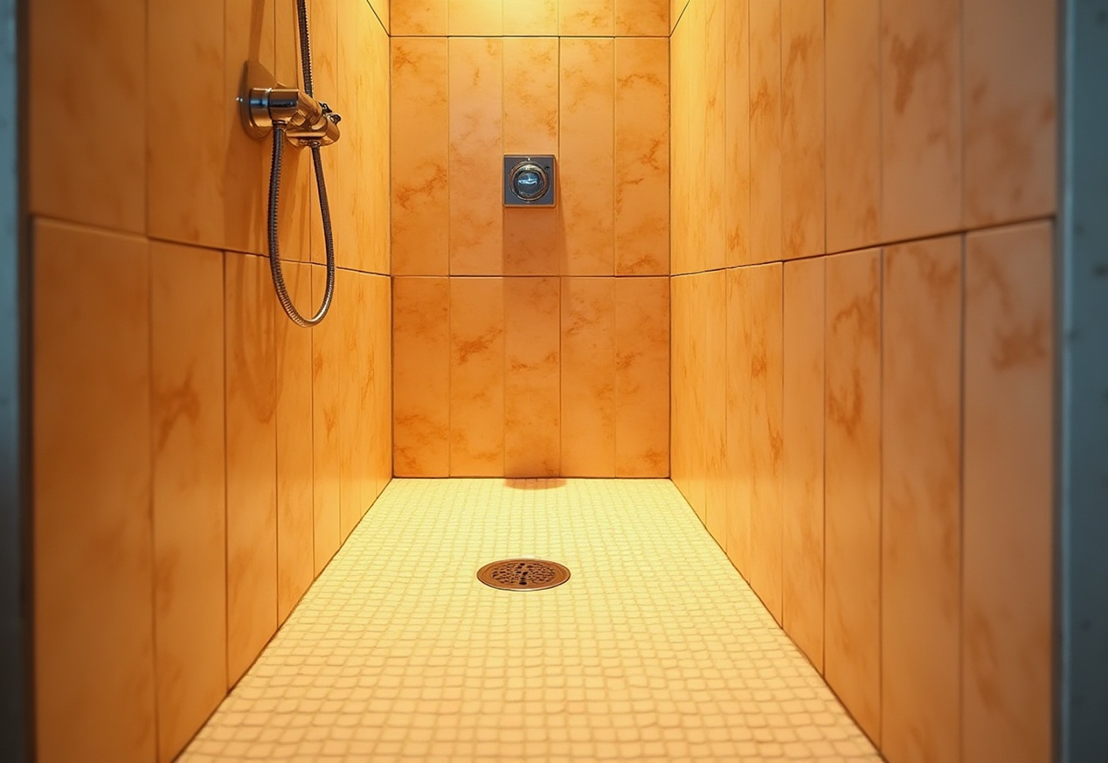 Shower with orange marble-like walls and white tiled floor