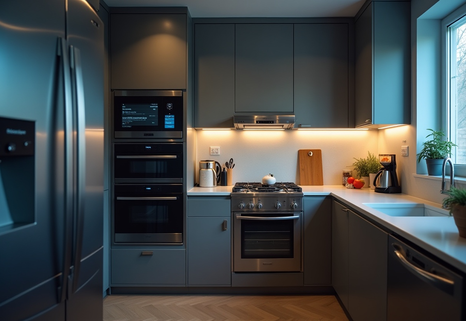 Smart modern kitchen with grey cabinets and advanced smart appliances