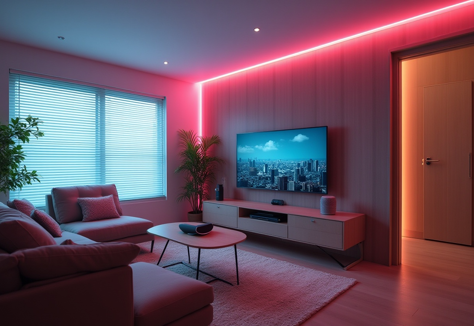 Smart living room with beautiful decoration and warm light