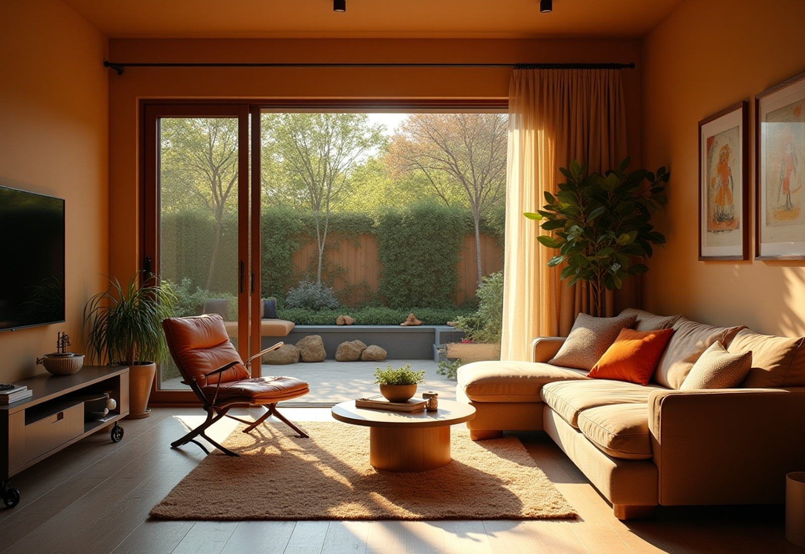 Smart home living room with garden view and cozy, sunlit interior