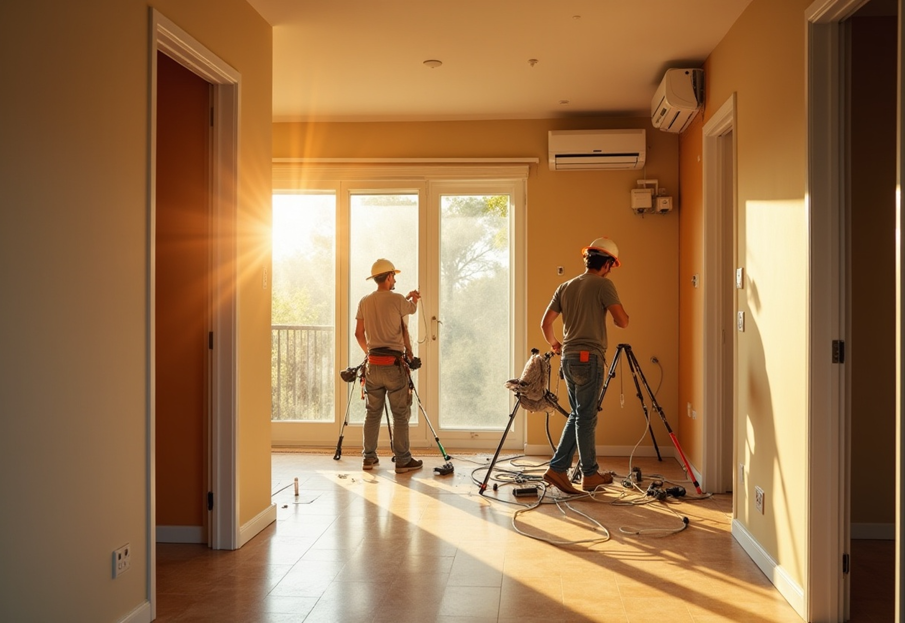 Two men in safety helmets are doing renovation work inside a sunny room