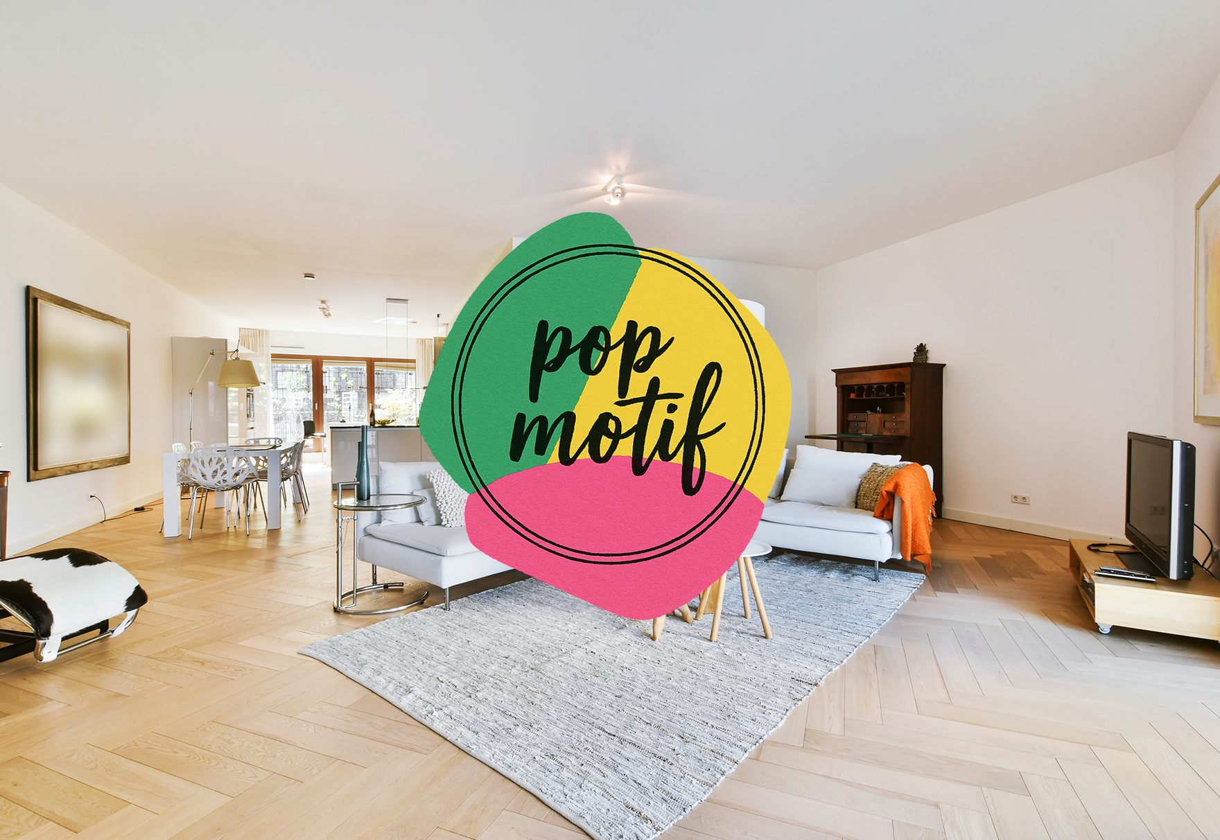 Pop motif logo placed over a cozy and modern home interior setting