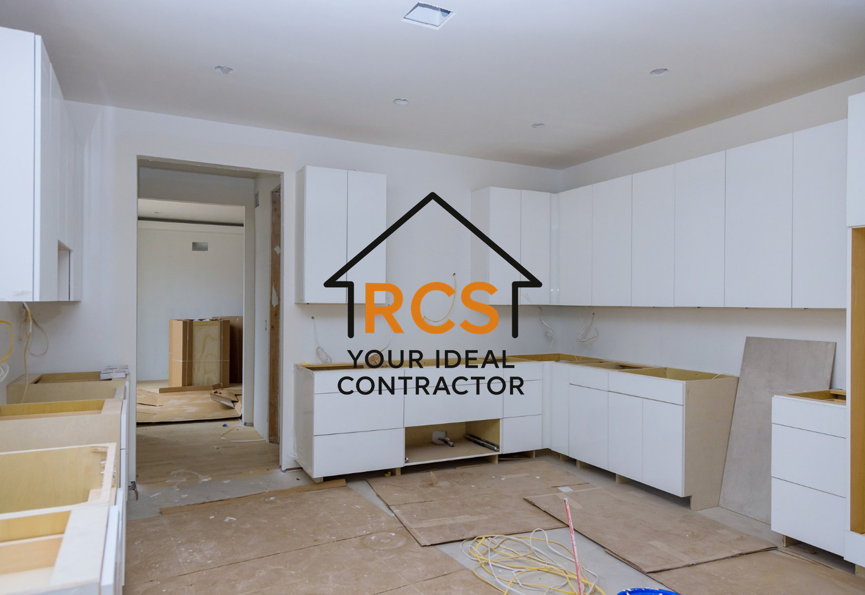 Home kitchen renovation scene with RCS contractor logo centered on the photo