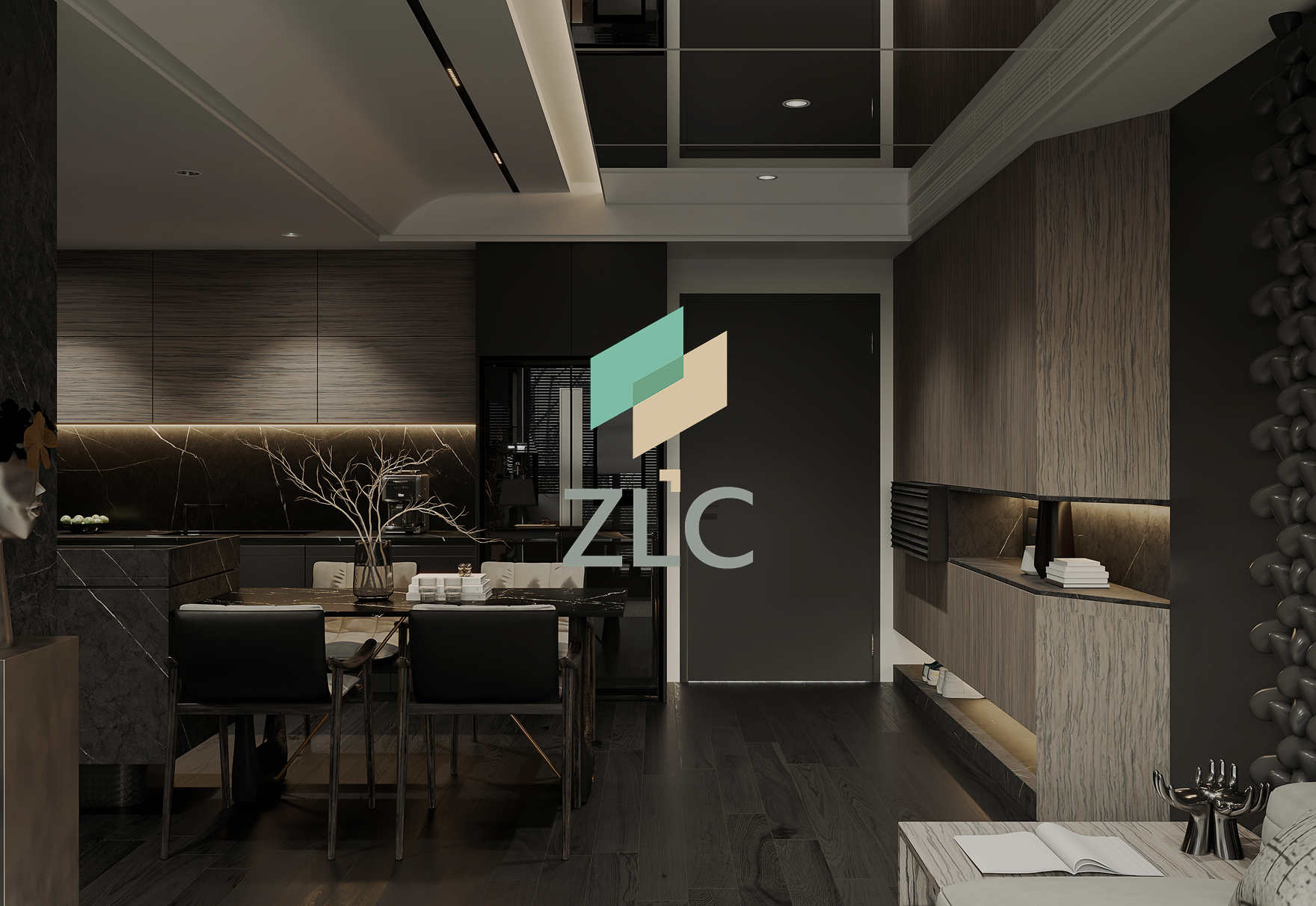 Classy home interior design scene featuring ZLIC logo and warm ambient lighting