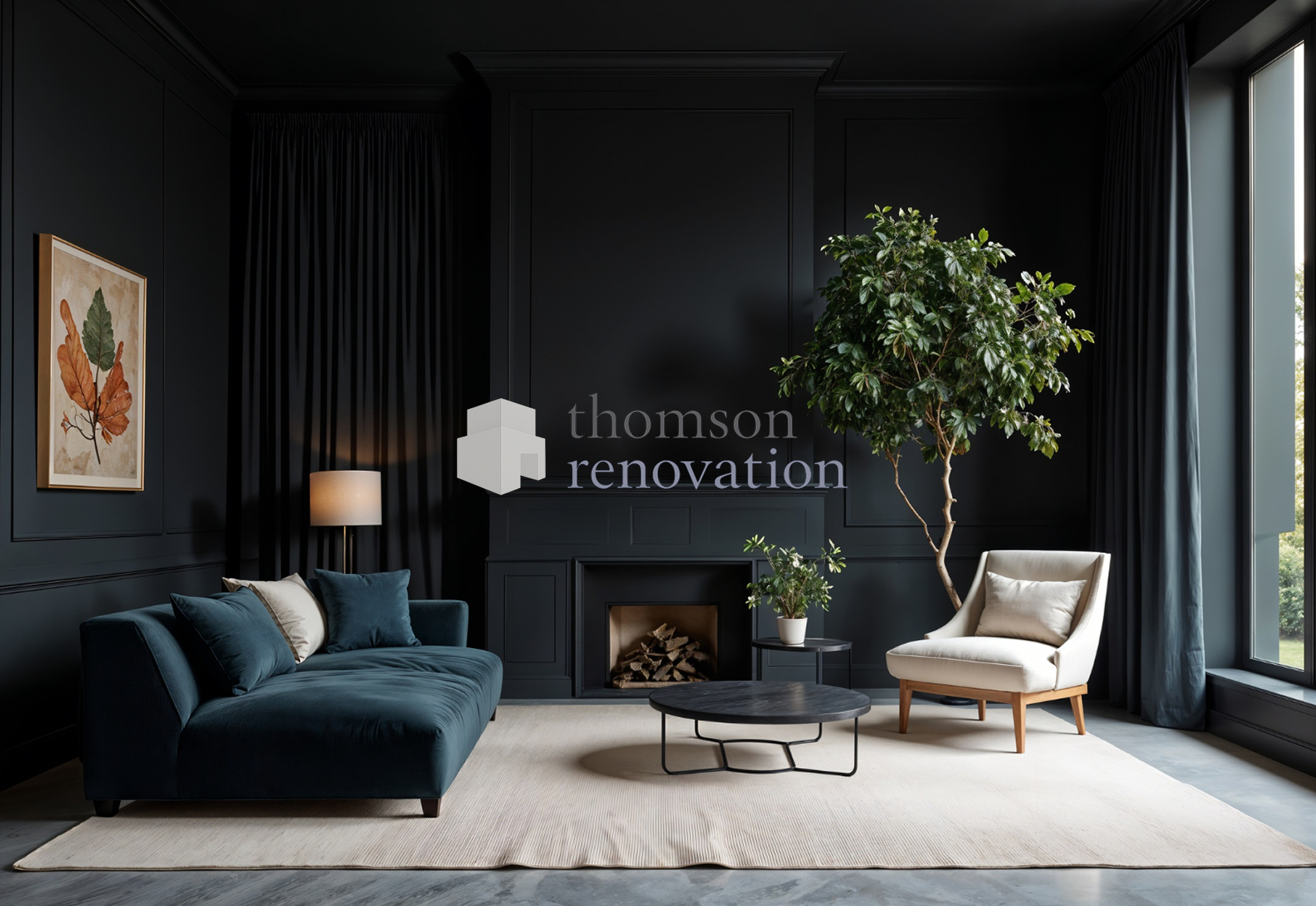 Dark modern living room with sofa, armchair, and Thomson Renovation logo on the wall