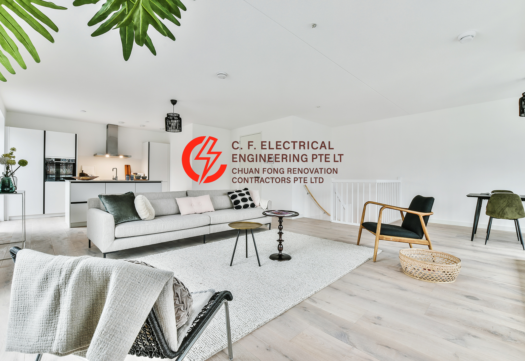 C.F. Electrical and Chuan Fong Renovation logo on a bright, modern living room background