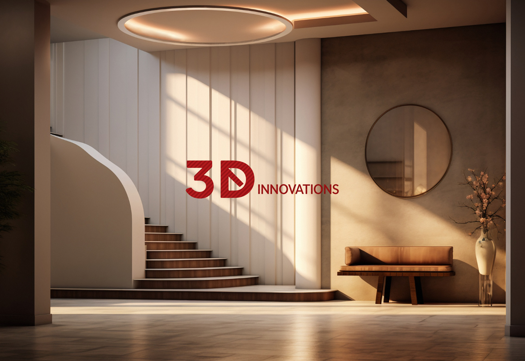 Beautiful interior lobby with sunlight, wall décor, and 3D Innovations logo in the middle