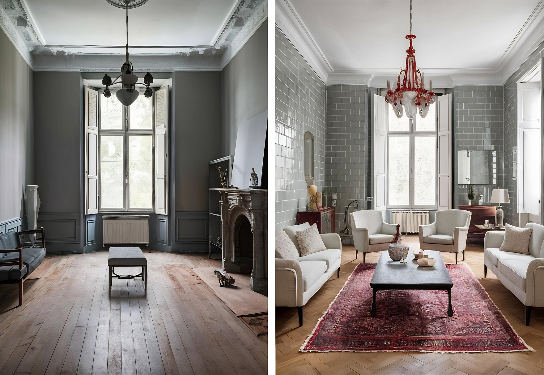 Living room makeover with side-by-side view of space before and after renovation