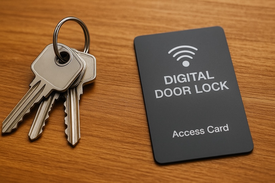 Set of house keys placed beside a digital door lock access card on a flat surface.  