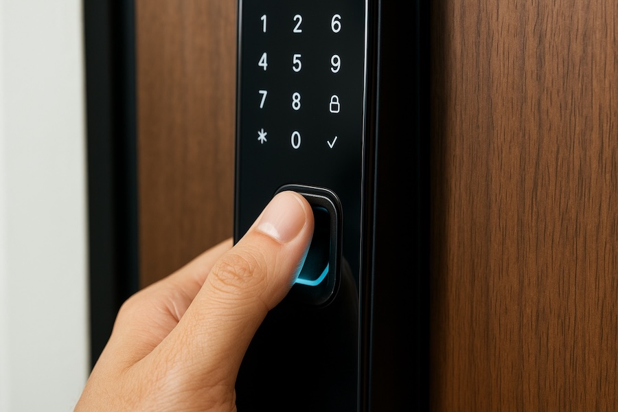 Close-up of a thumb pressing the fingerprint sensor on a digital door lock.