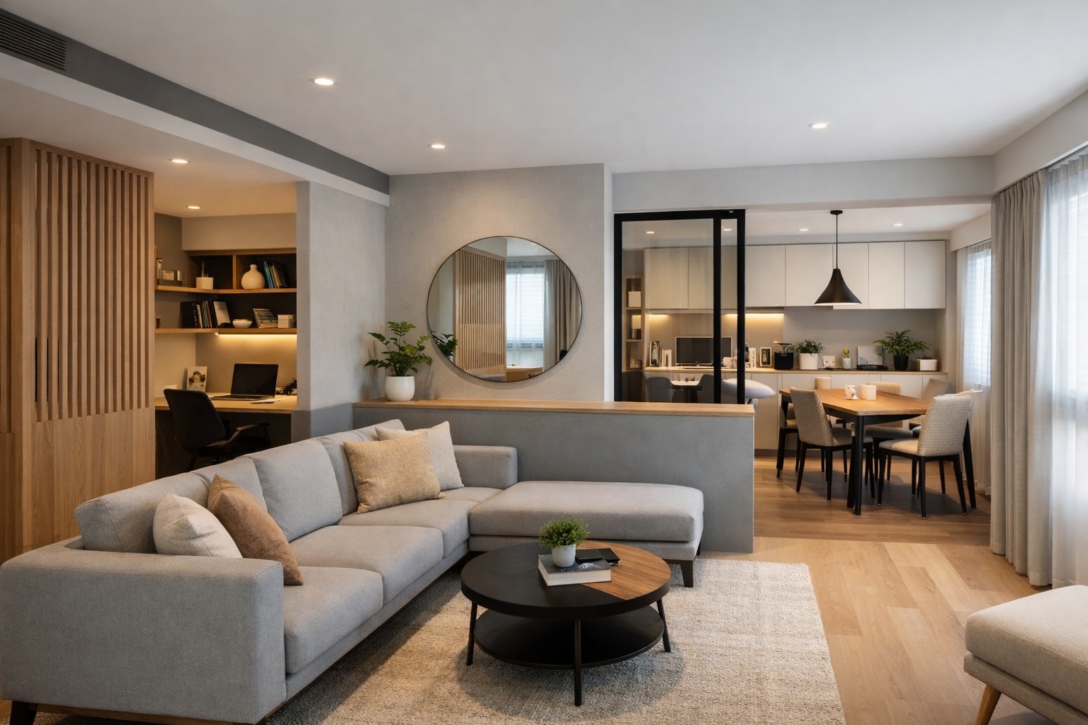 A HDB living room featuring a broken-plan layout.