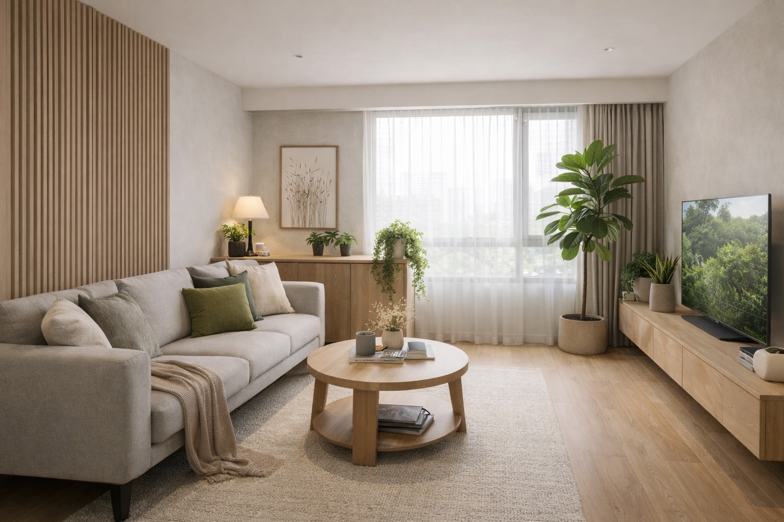 A modest living room swathed in wood paneling and lush greenery.