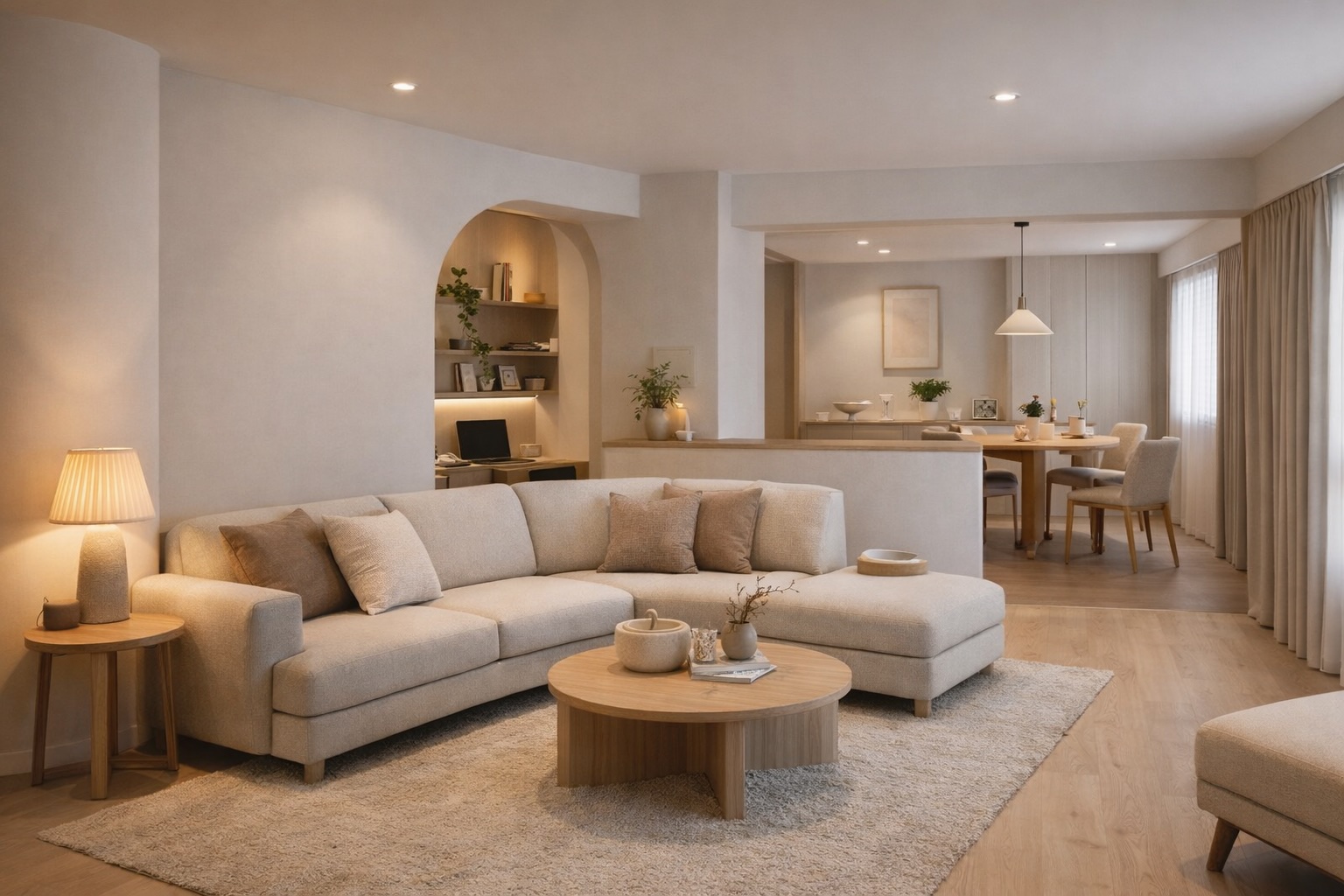 A living room designed to accentuate the soft and round curves of the wall design and sofa design.