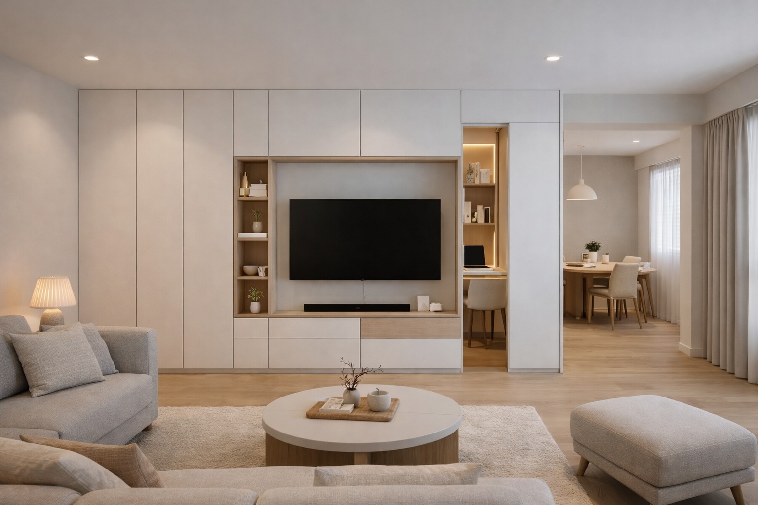 A HDB living room with smart storage to conceal messes and clutter.