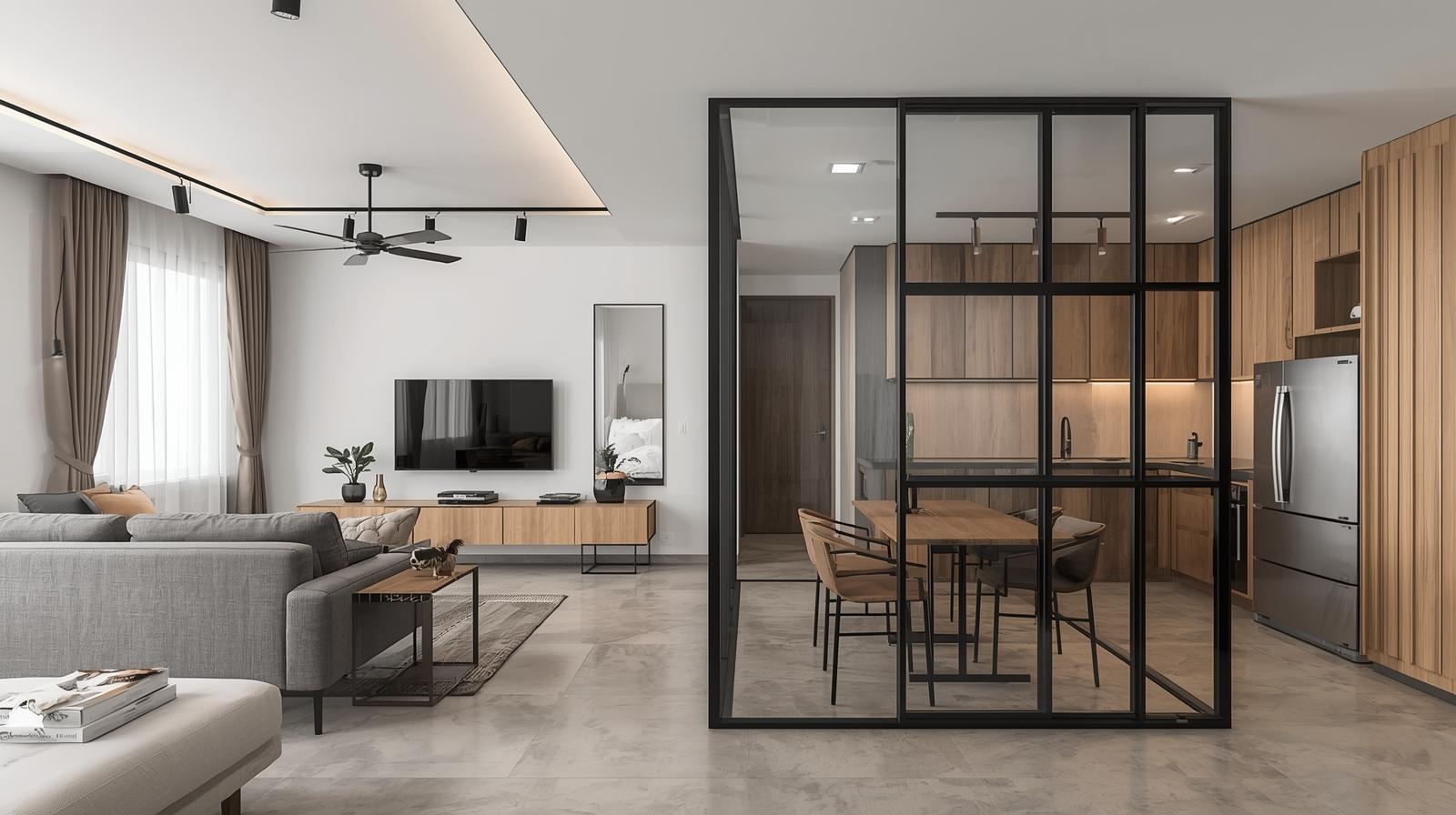 Industrial-style HDB living and dining space with concrete-look flooring, black track lighting, warm timber accents and a black-framed glass partition.