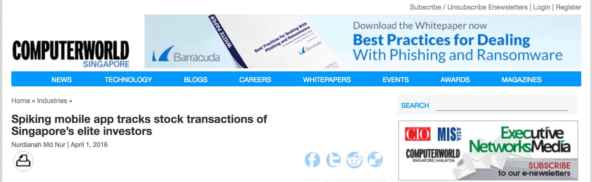 As featured on: ComputerWorld Singapore "Spiking mobile app tracks stock transactions of Singapore’s elite investors"