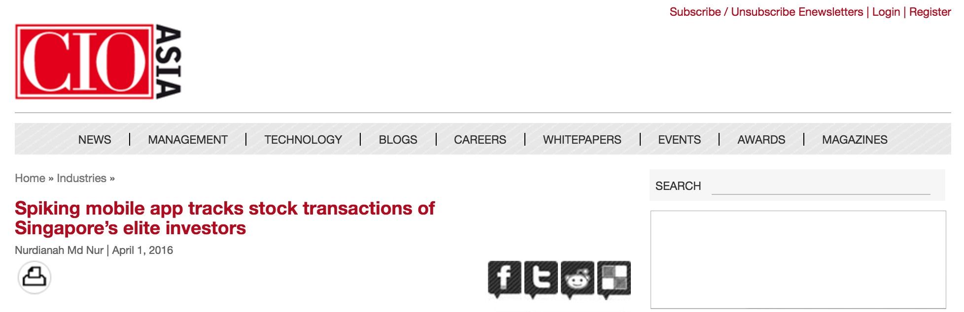 As featured on: CIO Asia "Spiking mobile app tracks stock transactions of Singapore’s elite investors"