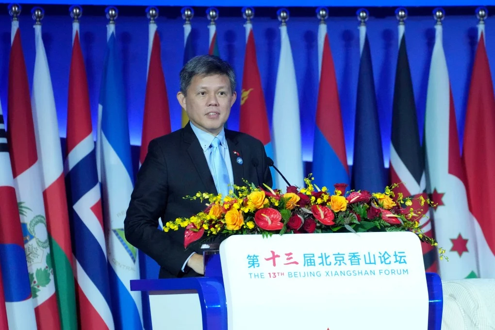 Singapore Defence Minister Chan Chun Sing delivers remarks during the Xiangshan Forum in Beijing on 18 September 2026. Photo: AP