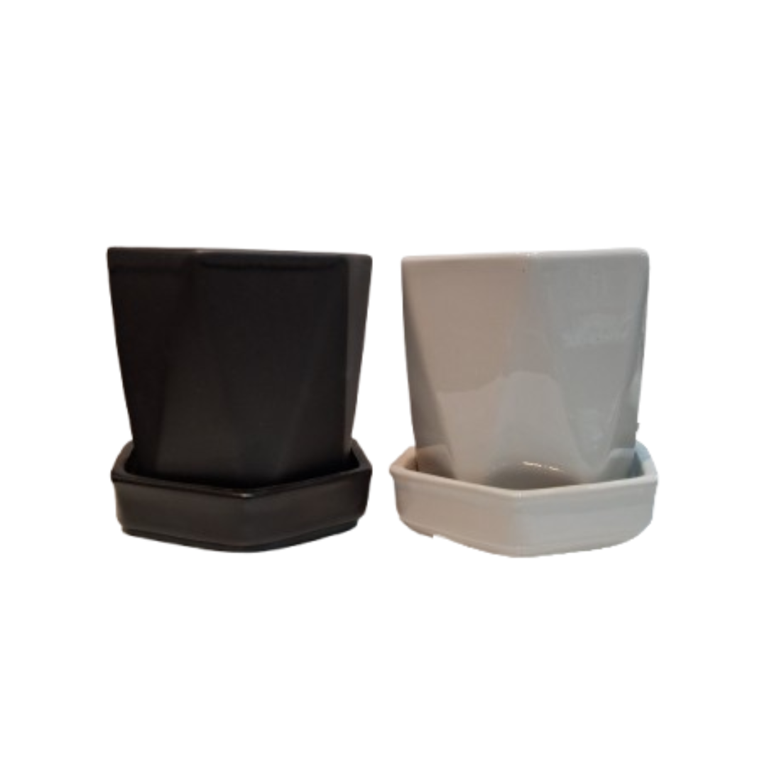 CERAMIC POT WITH SAUCER (HEXAGONAL)