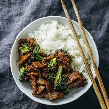 Beef Broccoli Served with Rice and Salad