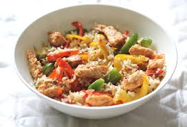 Red Pepper Chicken Served with Rice and Salad