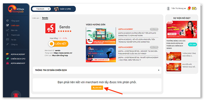 Lựa chọn chiến dịch affiliate Sendo, liên kết để được phân phối link