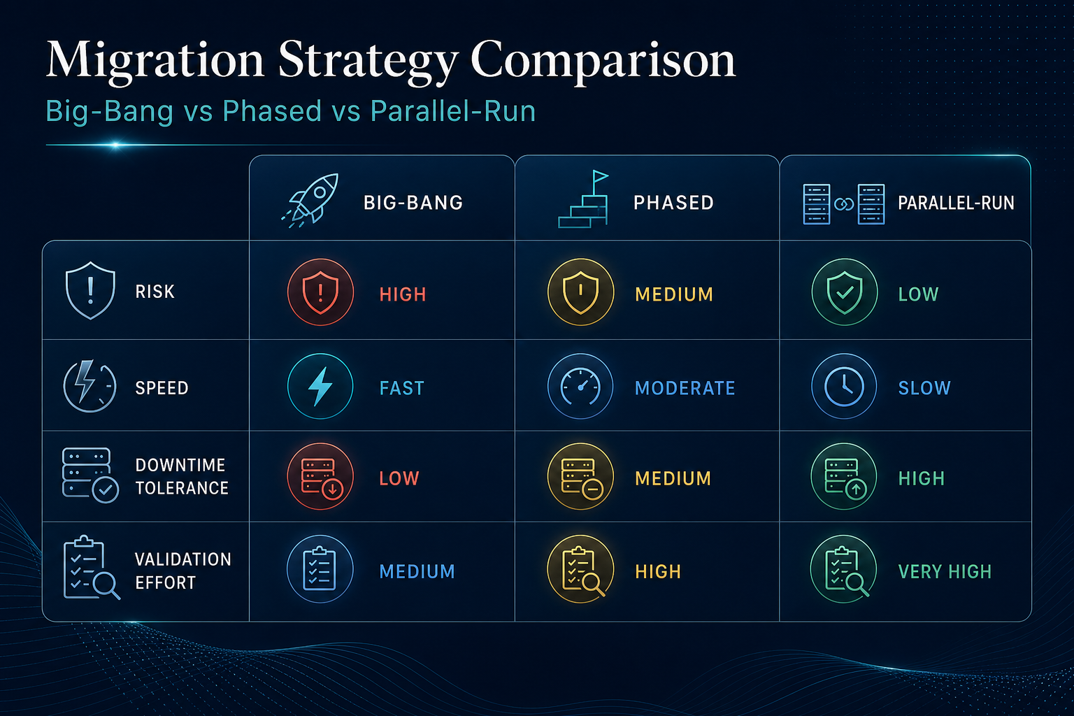 Decision framework comparing big-bang, phased, and parallel-run migration patterns